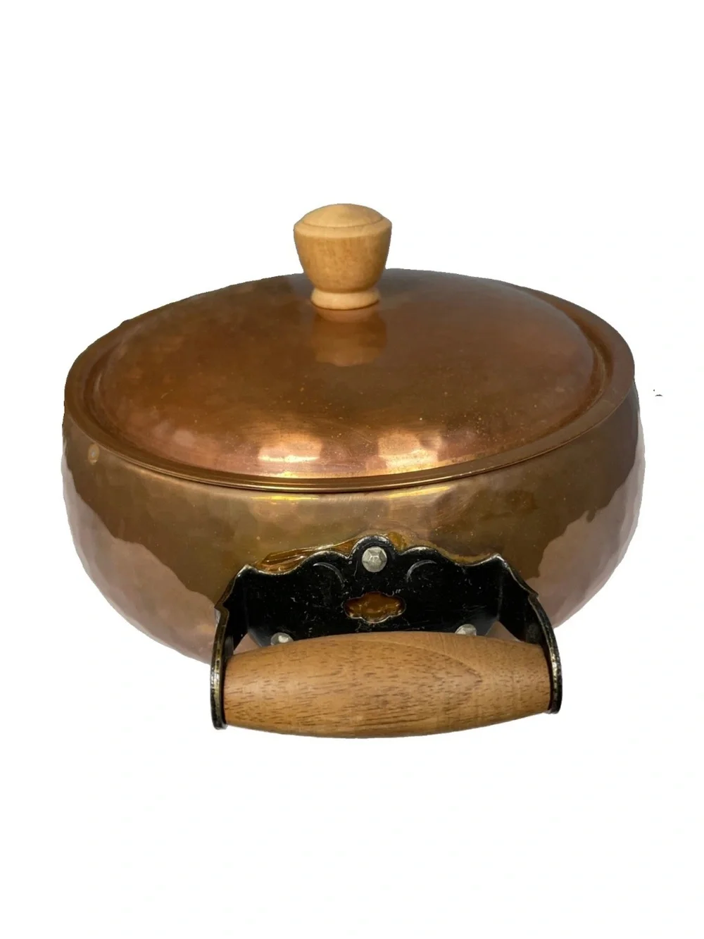 Vintage STOCKLI NETSTAL Hammered Copper Casserole Pot with Lid Wood Handles